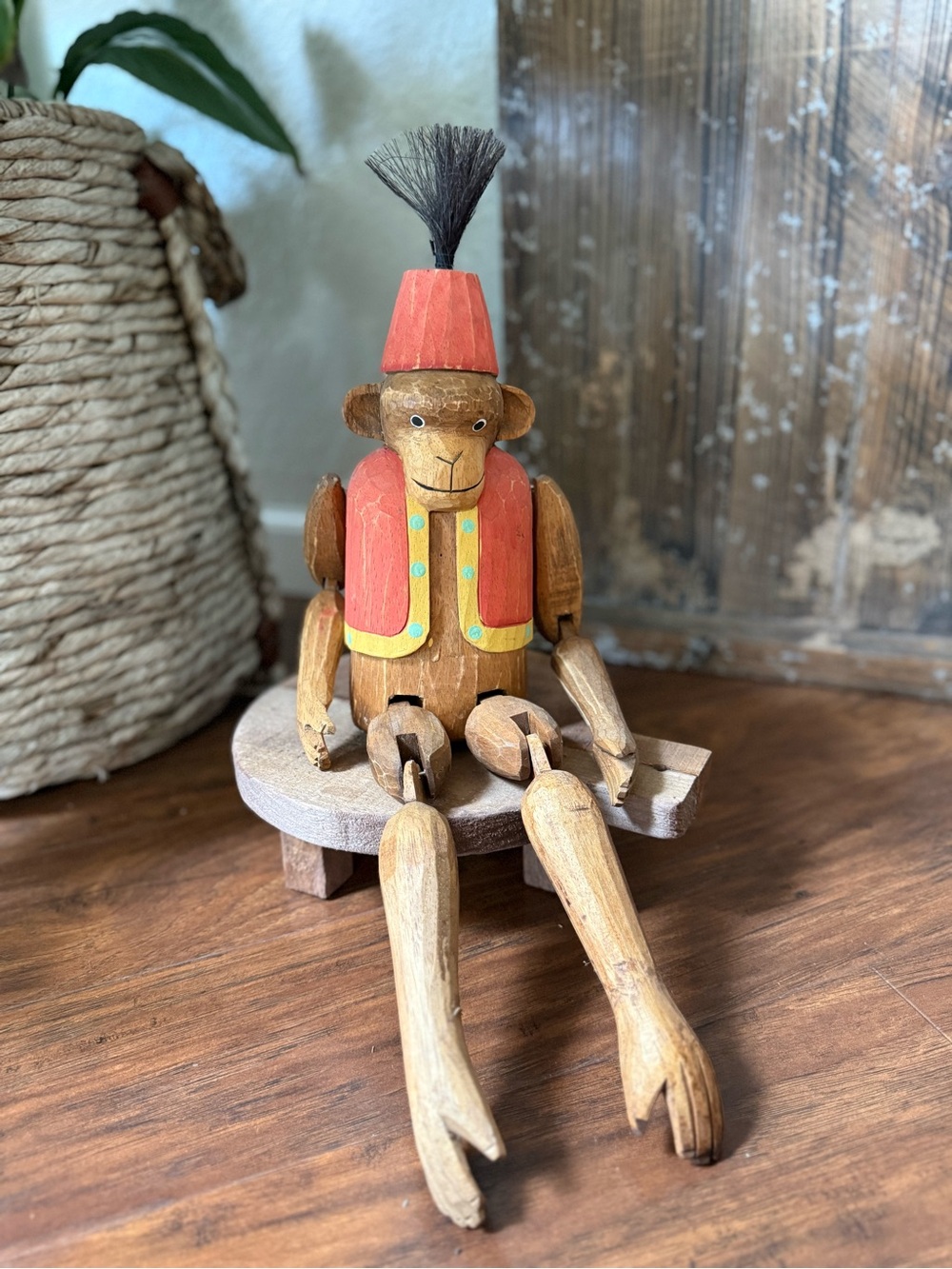 Tall Folk Art Style Jointed Hand Crafted Articulating Wooden Bellboy Monkey